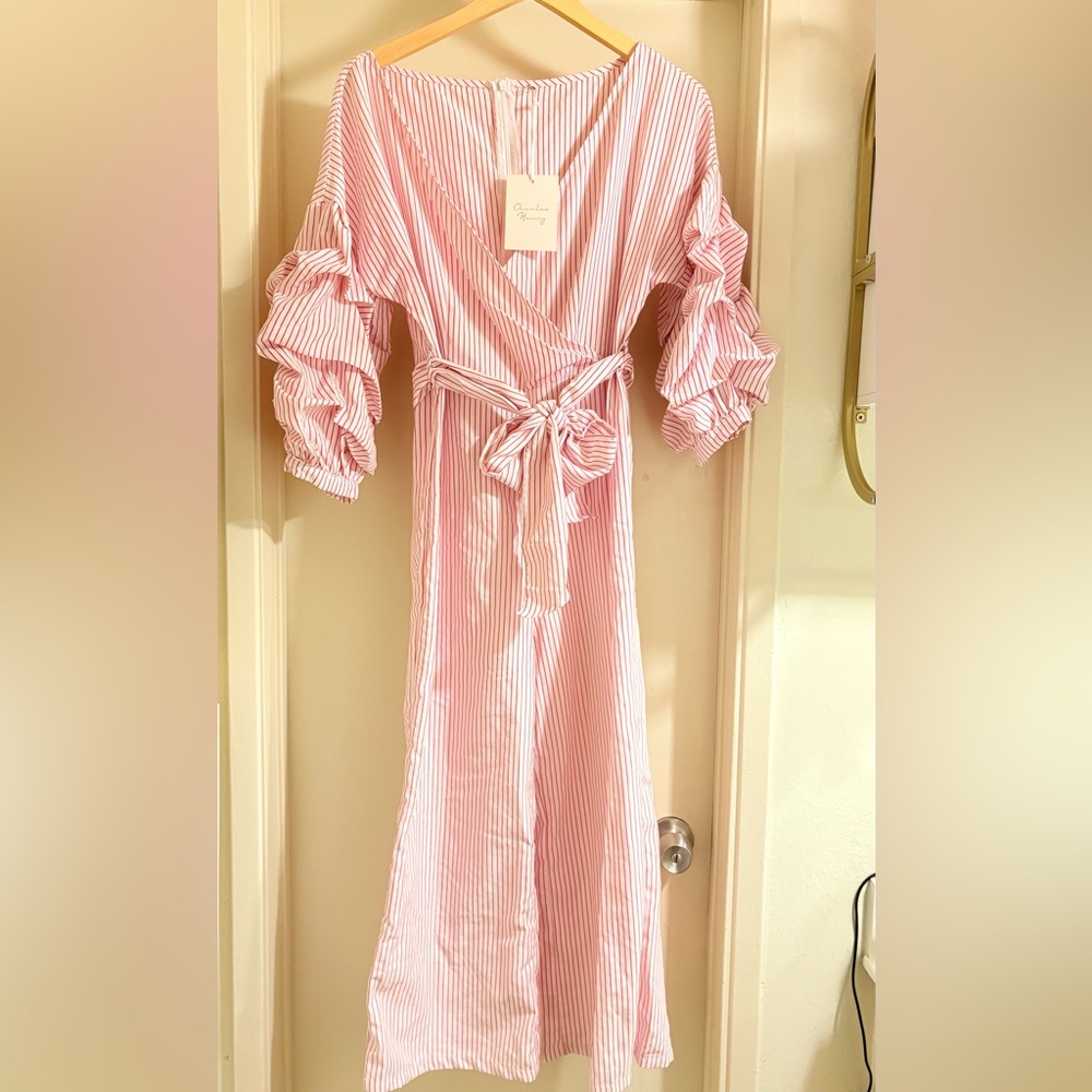 Women's Pink Striped Wrap Jumpsuit with Puff Sleeves